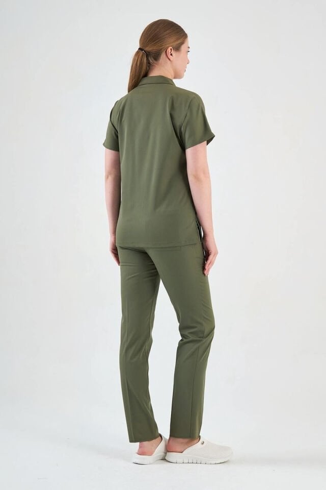 Likralı Asker Yeşili Polo Yaka Takım