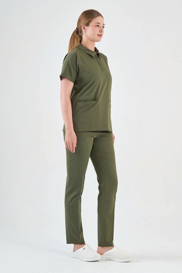 Likralı Asker Yeşili Polo Yaka Takım