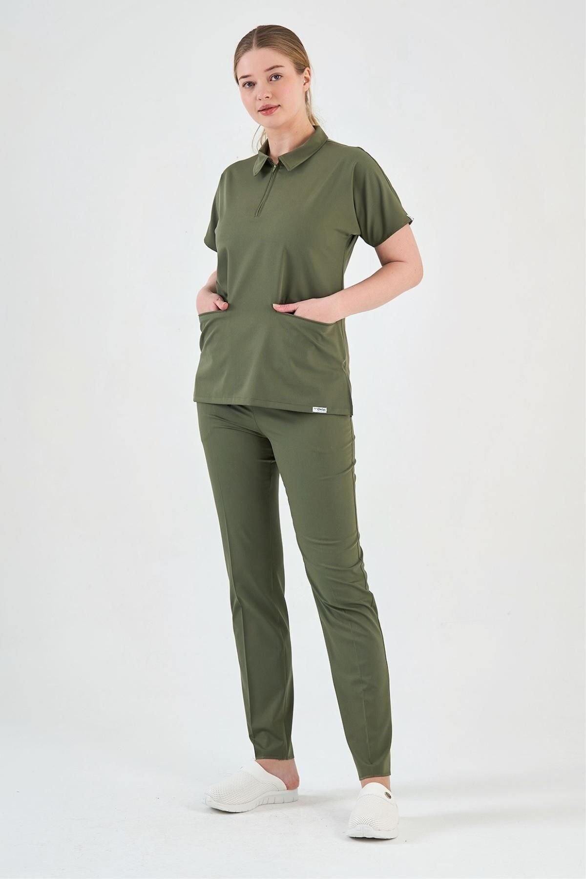 Likralı Asker Yeşili Polo Yaka Takım