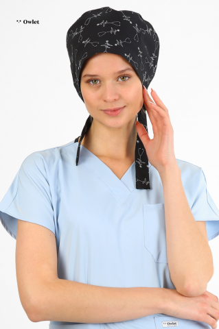 Stetoskop Desenli Siyah Cerrahi Tesettür Bone