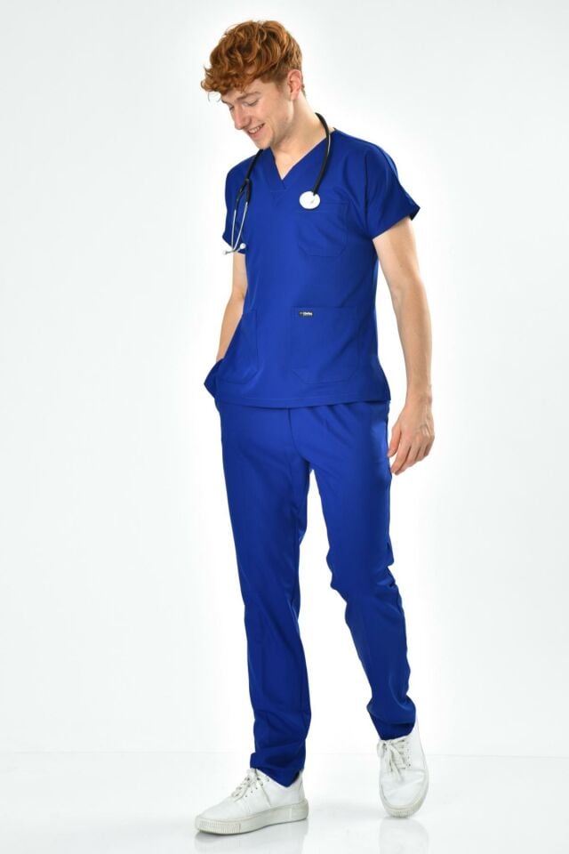 Likralı Saks Mavisi Cerrahi Takım