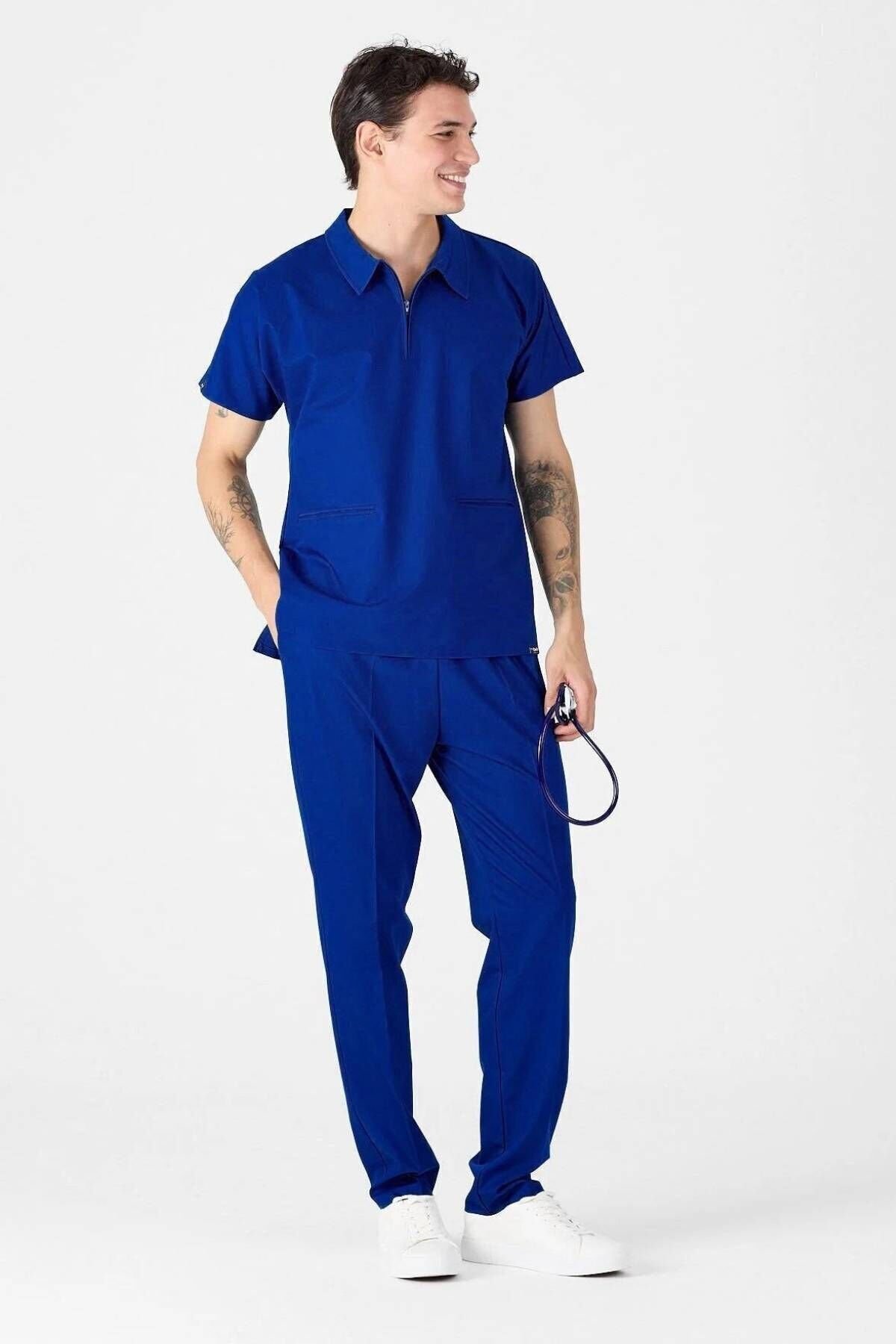 Likralı Saks Mavisi Polo Yaka Scrubs