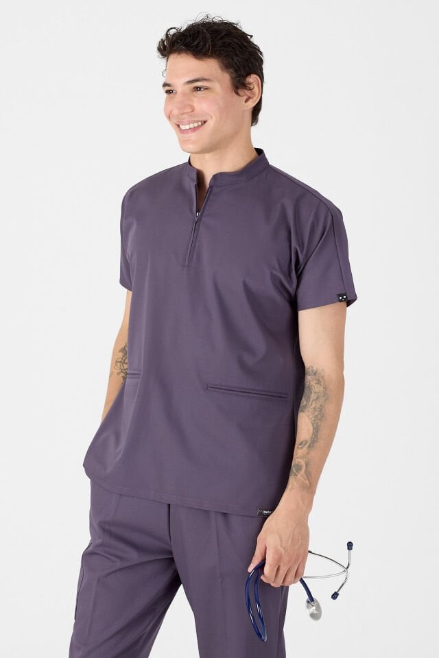 Likralı Mürdüm Eriği Fermuar Detaylı Scrubs