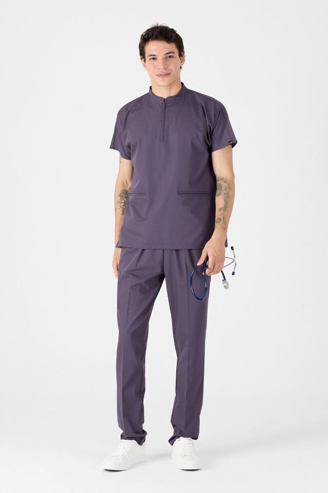 Likralı Mürdüm Eriği Fermuar Detaylı Scrubs - Owlet Medikal
