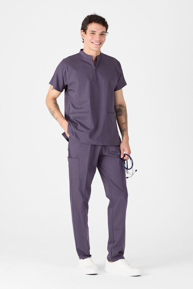 Likralı Mürdüm Eriği Fermuar Detaylı Scrubs