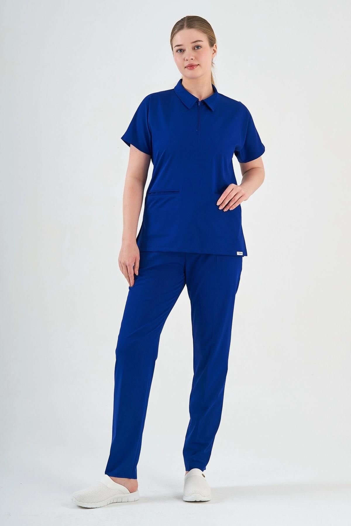 Likralı Saks Mavisi Polo Yaka Takım