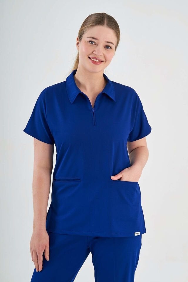 Likralı Saks Mavisi Polo Yaka Takım