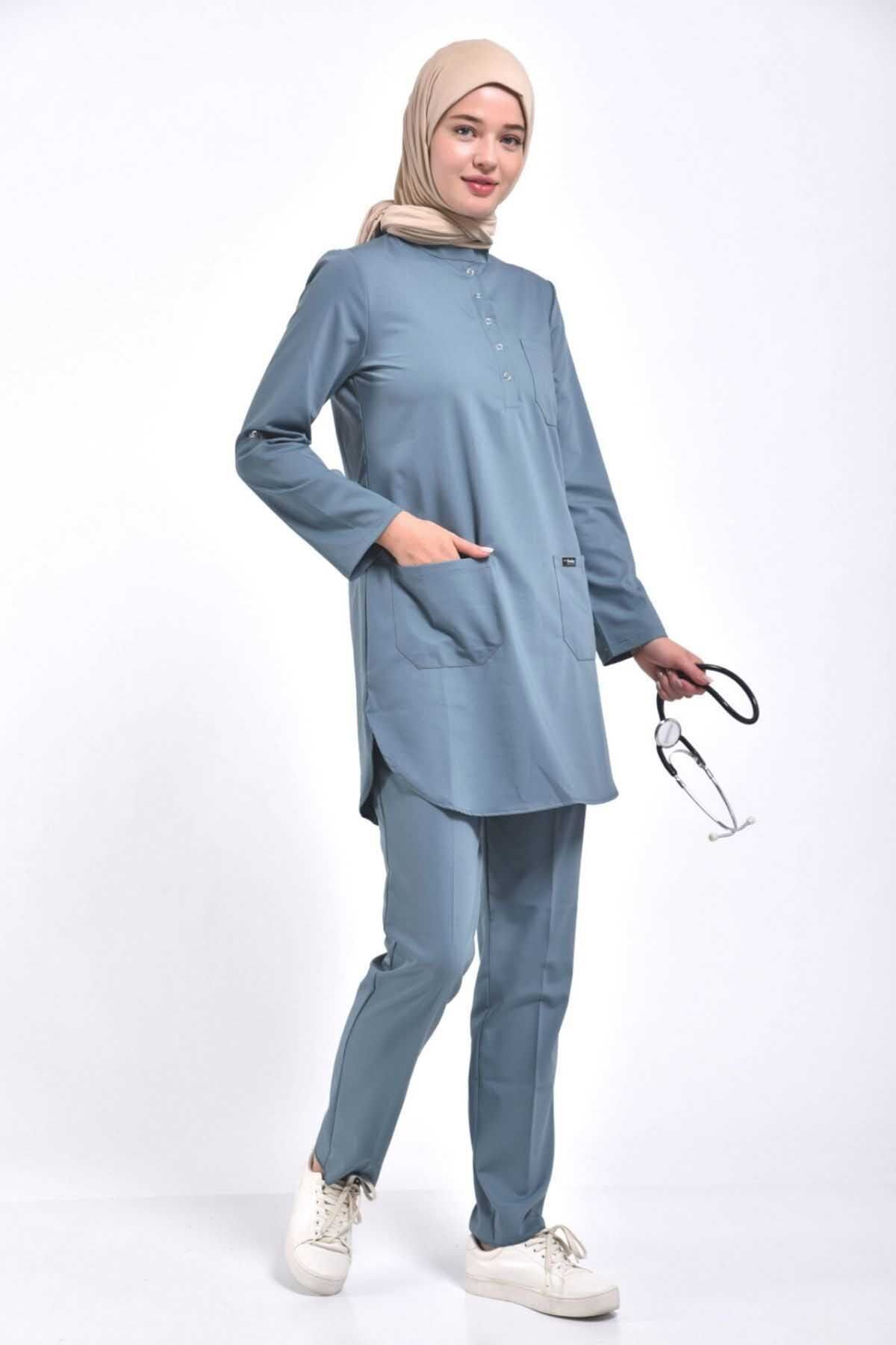 Likralı Tesettür Takım Antrasit Mavi
