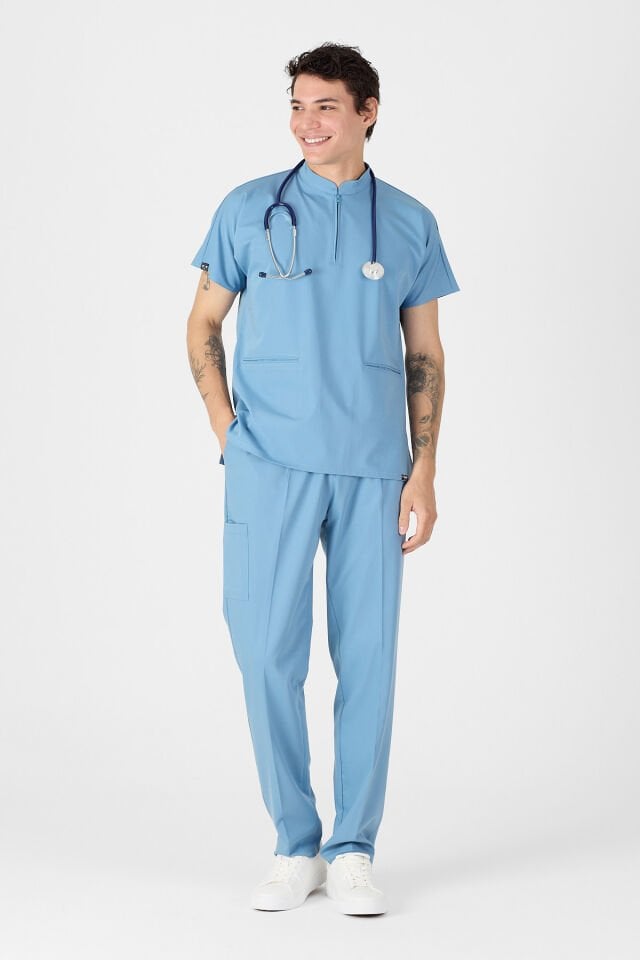 Likralı Açık Mavi Hakim Yaka Scrubs