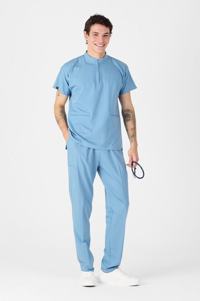 Likralı Açık Mavi Hakim Yaka Scrubs