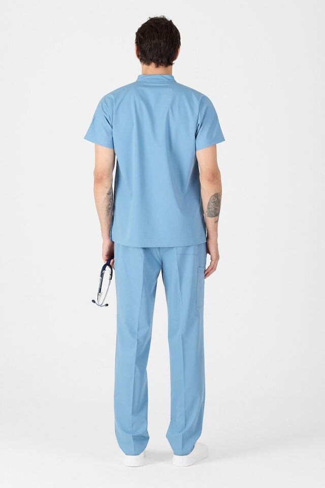 Likralı Açık Mavi Hakim Yaka Scrubs