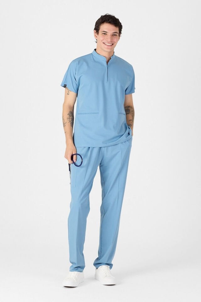 Likralı Açık Mavi Hakim Yaka Scrubs