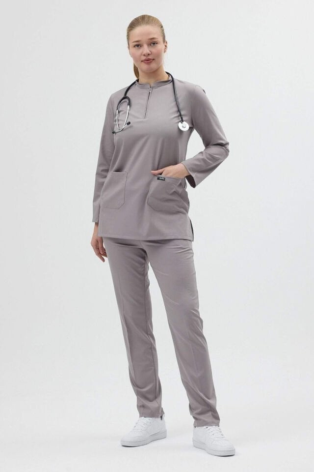 Likralı Duman Grisi Tunik Boy Scrubs Takım