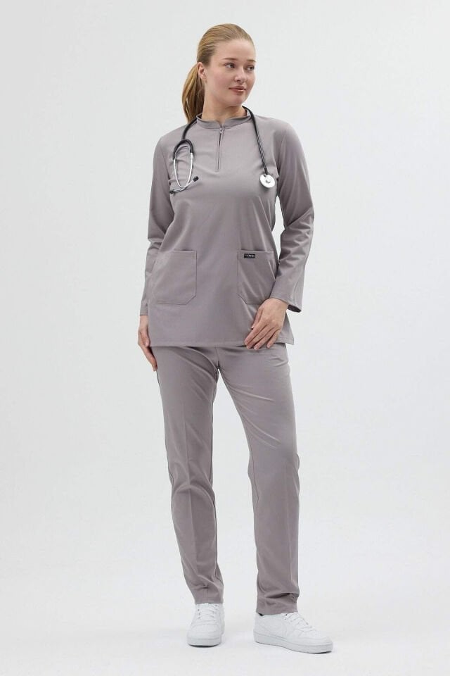 Likralı Duman Grisi Tunik Boy Scrubs Takım