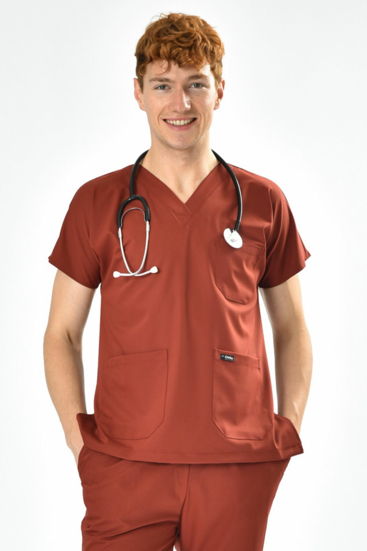 Koyu Kiremit Likralı Cerrahi Forma Üst