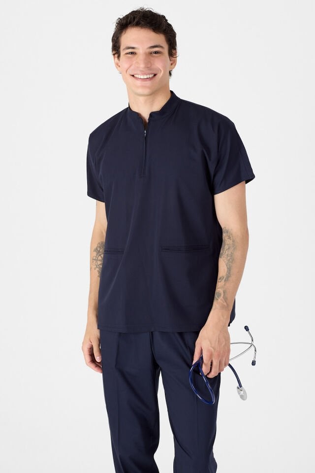 Likralı Koyu Lacivert Hakim Yaka Scrubs