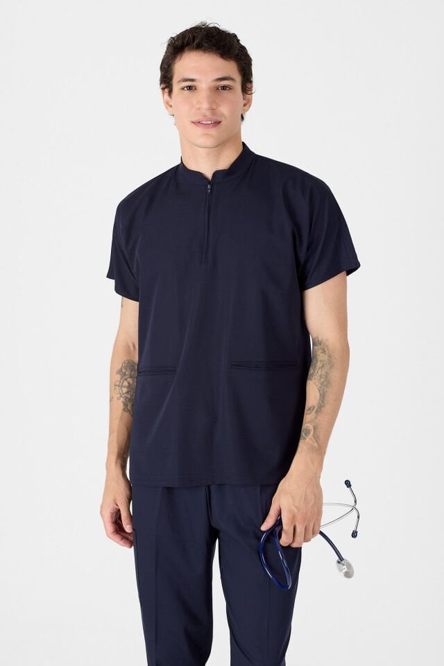 Likralı Koyu Lacivert Hakim Yaka Scrubs