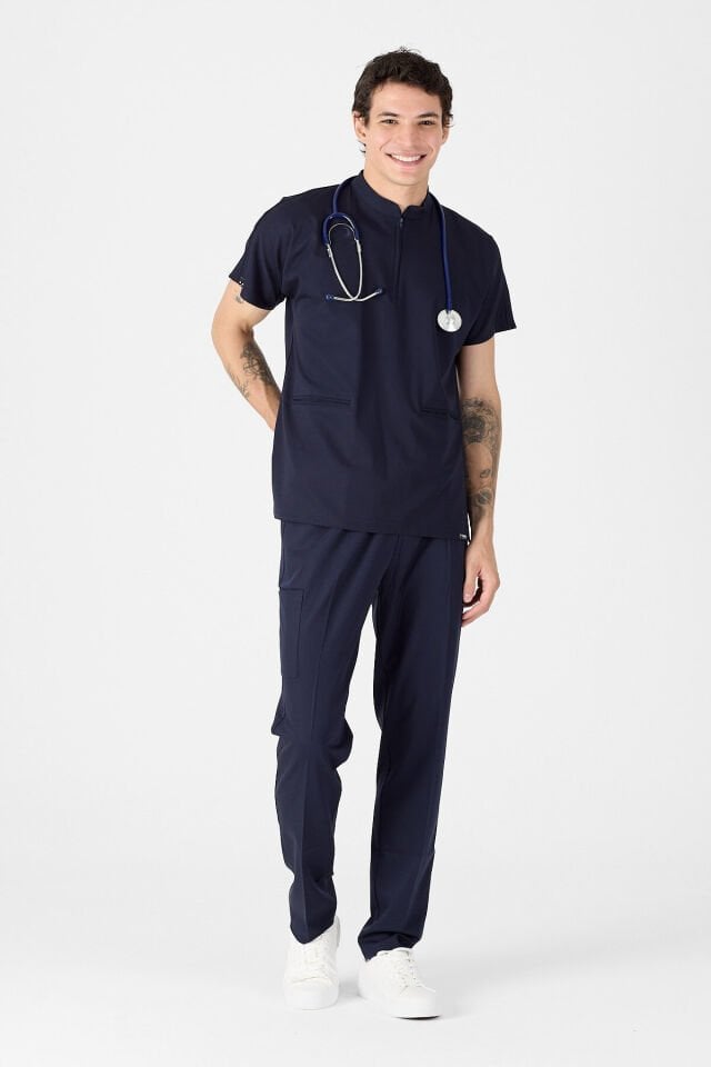 Likralı Koyu Lacivert Hakim Yaka Scrubs