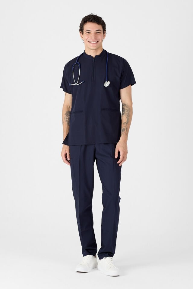 Likralı Koyu Lacivert Hakim Yaka Scrubs