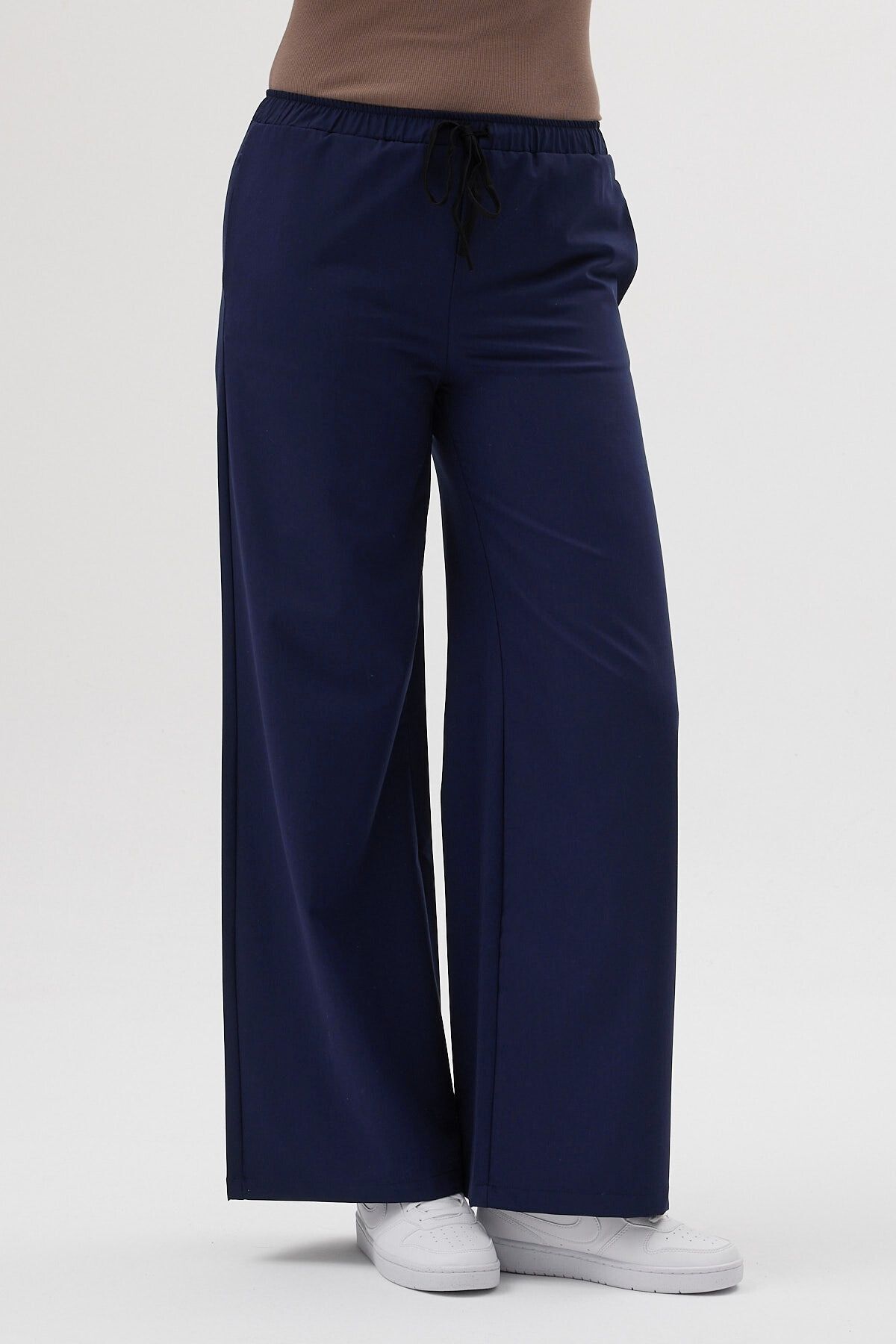 Likralı Bol Paça Lacivert Pantolon