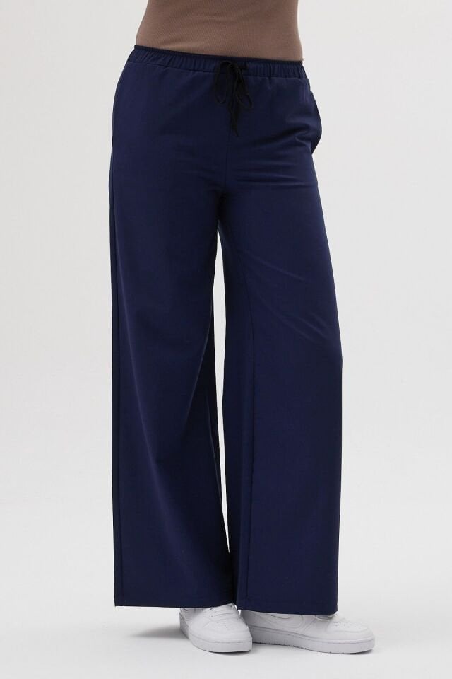 Likralı Bol Paça Lacivert Pantolon