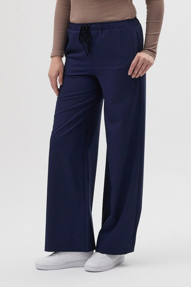 Likralı Bol Paça Lacivert Pantolon