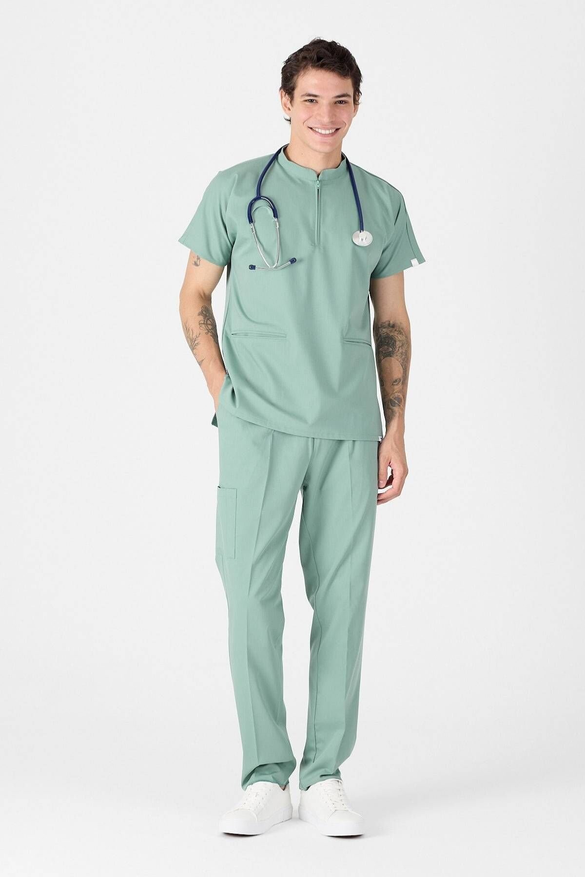 Likralı Mint Yeşili Hakim Yaka Scrubs