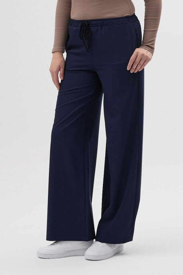 Likralı Bol Paça Koyu Lacivert Pantolon