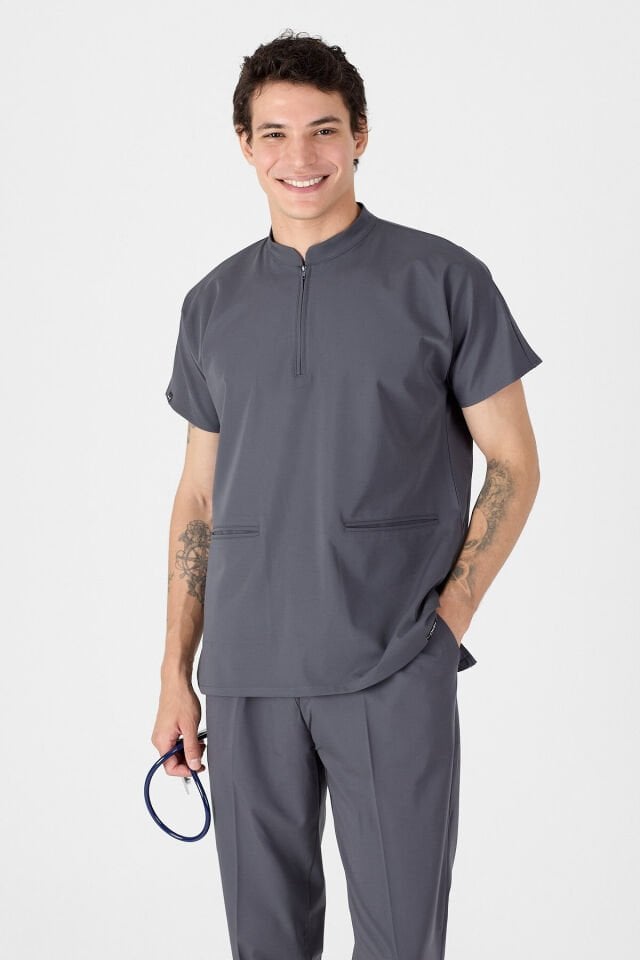 Likralı Füme Hakim Yaka Scrubs