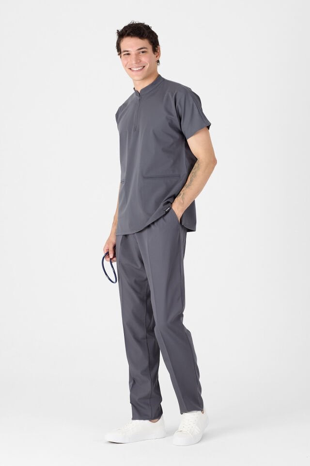 Likralı Füme Hakim Yaka Scrubs