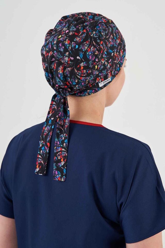 Black Surgical Hijab Bonnet with Shawl Pattern