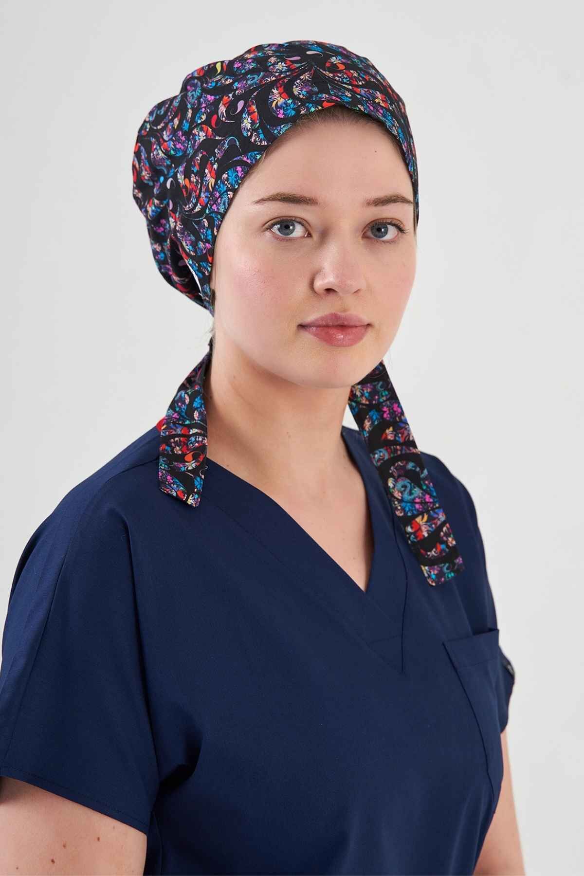 Black Surgical Hijab Bonnet with Shawl Pattern
