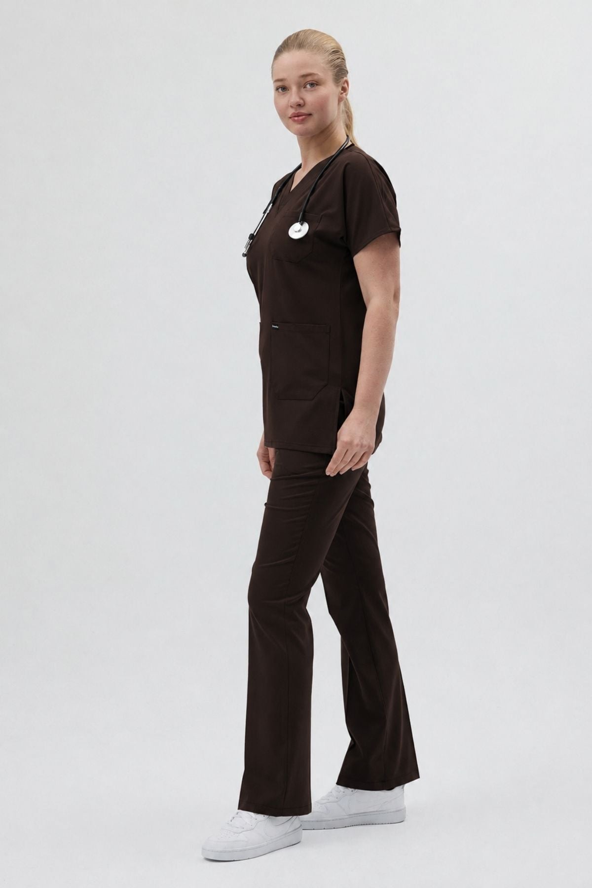 Acı Kahve Tunik Boy Kısa Kol Çan Paça - Flare Leg Scrubs