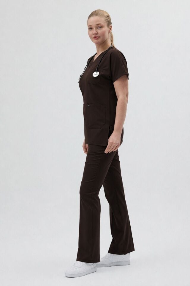 Acı Kahve Tunik Boy Kısa Kol Çan Paça - Flare Leg Scrubs