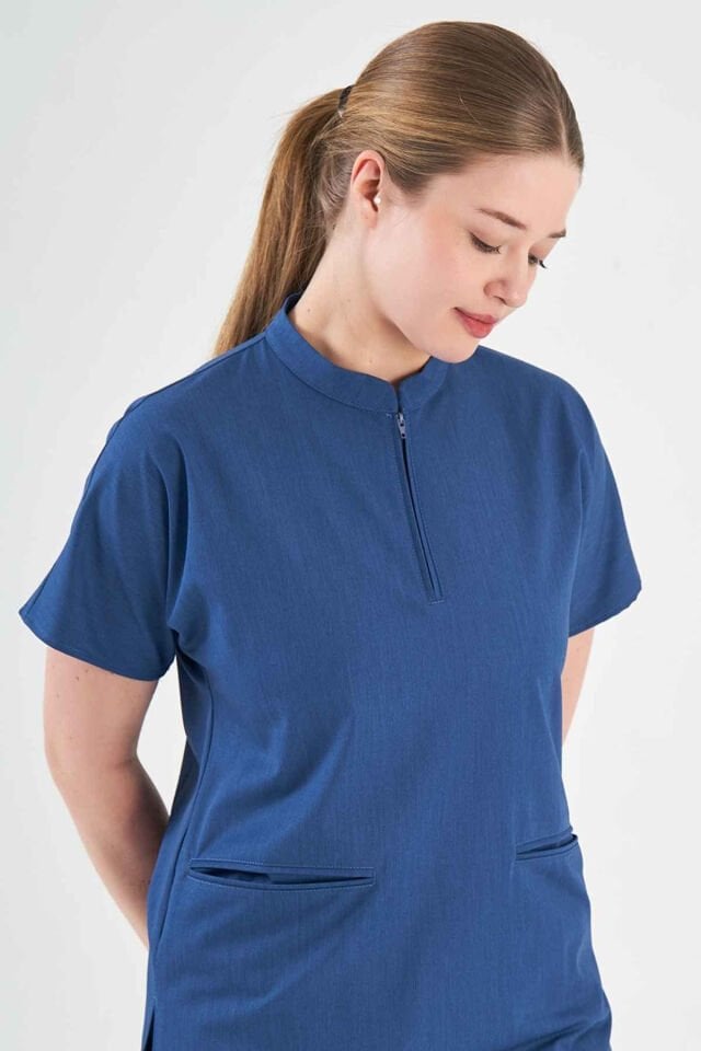 Likralı Mavi Kot Görünümlü Fermuar Detaylı Takım