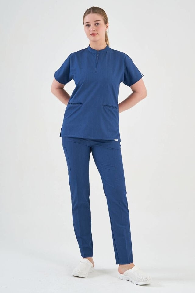 Likralı Mavi Kot Görünümlü Fermuar Detaylı Takım