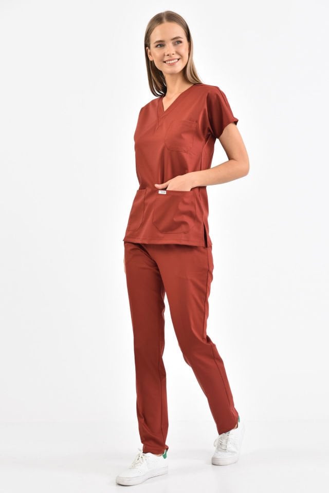 Likralı Koyu Kiremit Cerrahi Takım