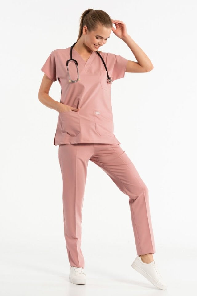 Likralı Pudra Cerrahi Üniforma Takım