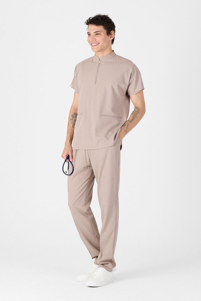 Likralı Açık Vizon Hakim Yaka Scrubs