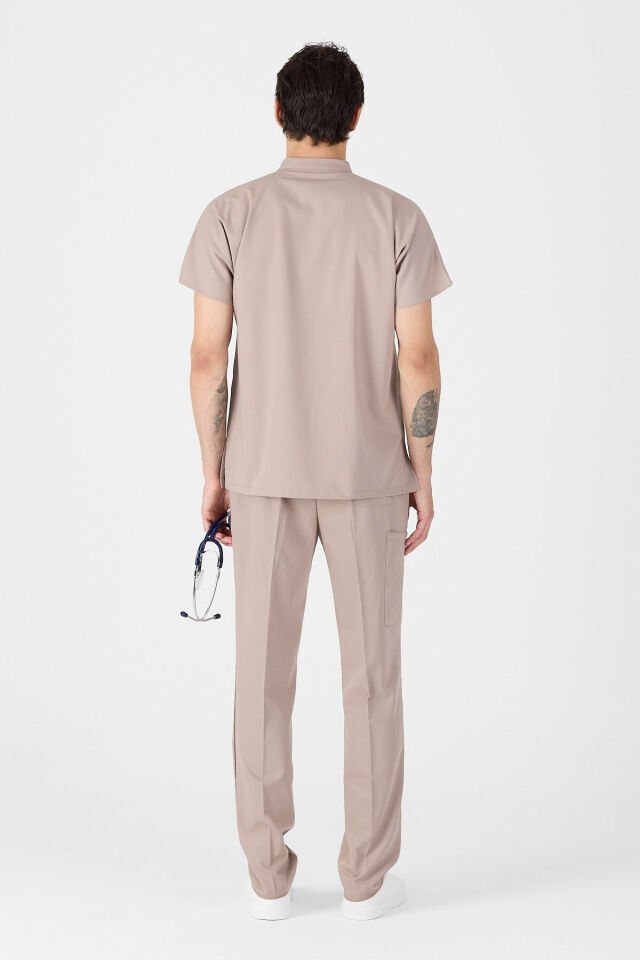 Likralı Açık Vizon Hakim Yaka Scrubs