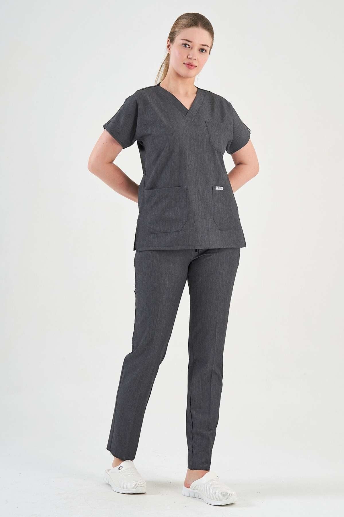 Gri Kot Görünümlü Likralı Cerrahi Takım