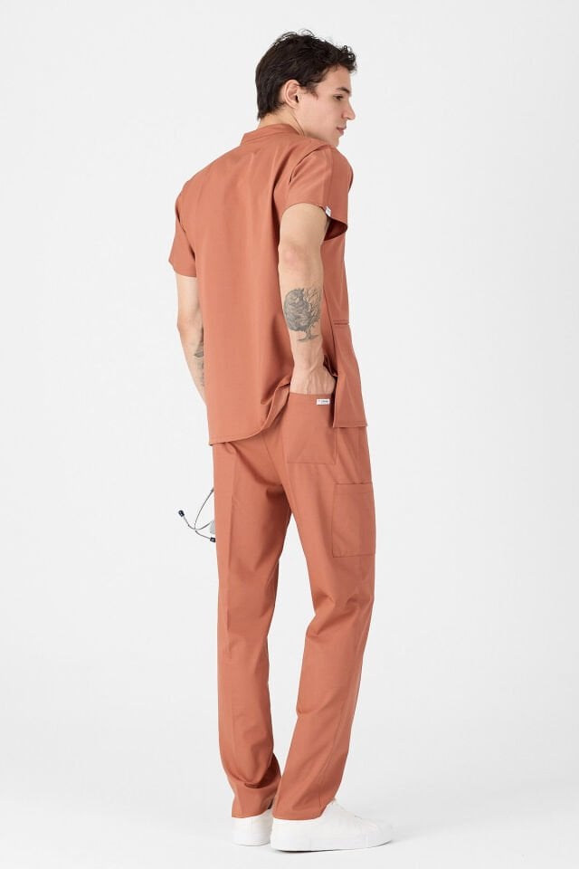 Likralı Kiremit Hakim Yaka Scrubs Forma