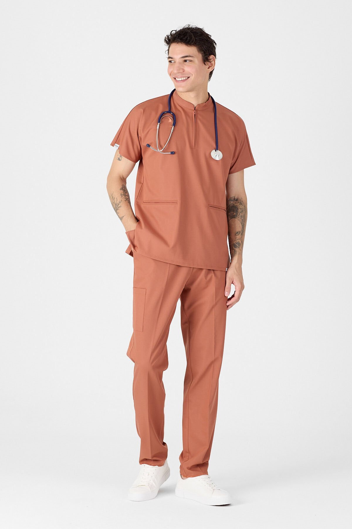Likralı Kiremit Hakim Yaka Scrubs Forma