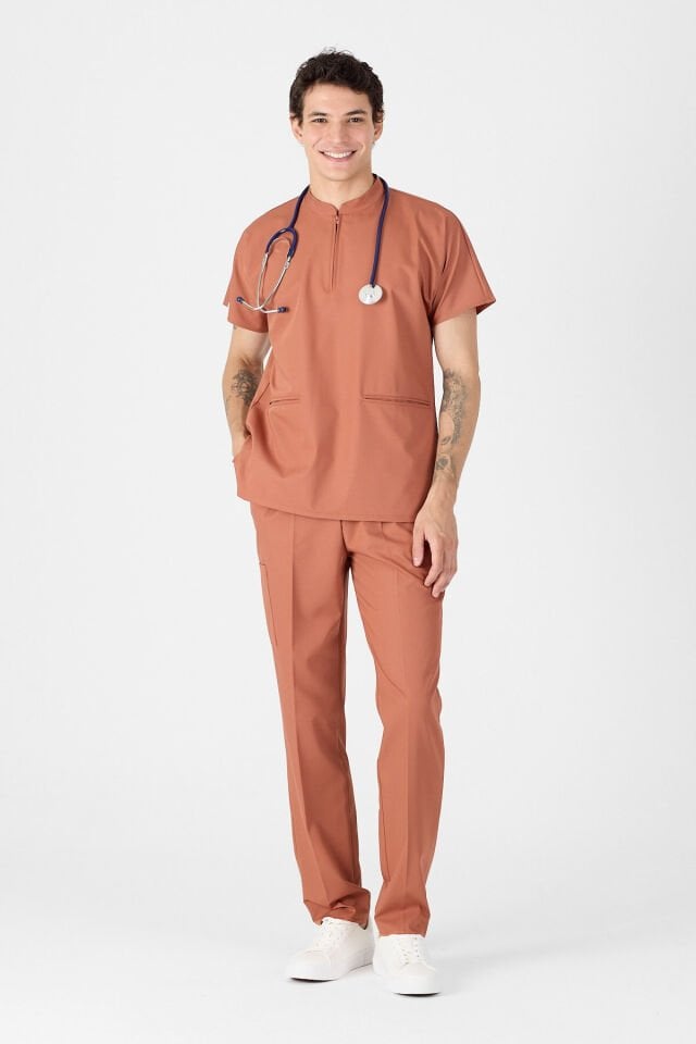Likralı Kiremit Hakim Yaka Scrubs Forma