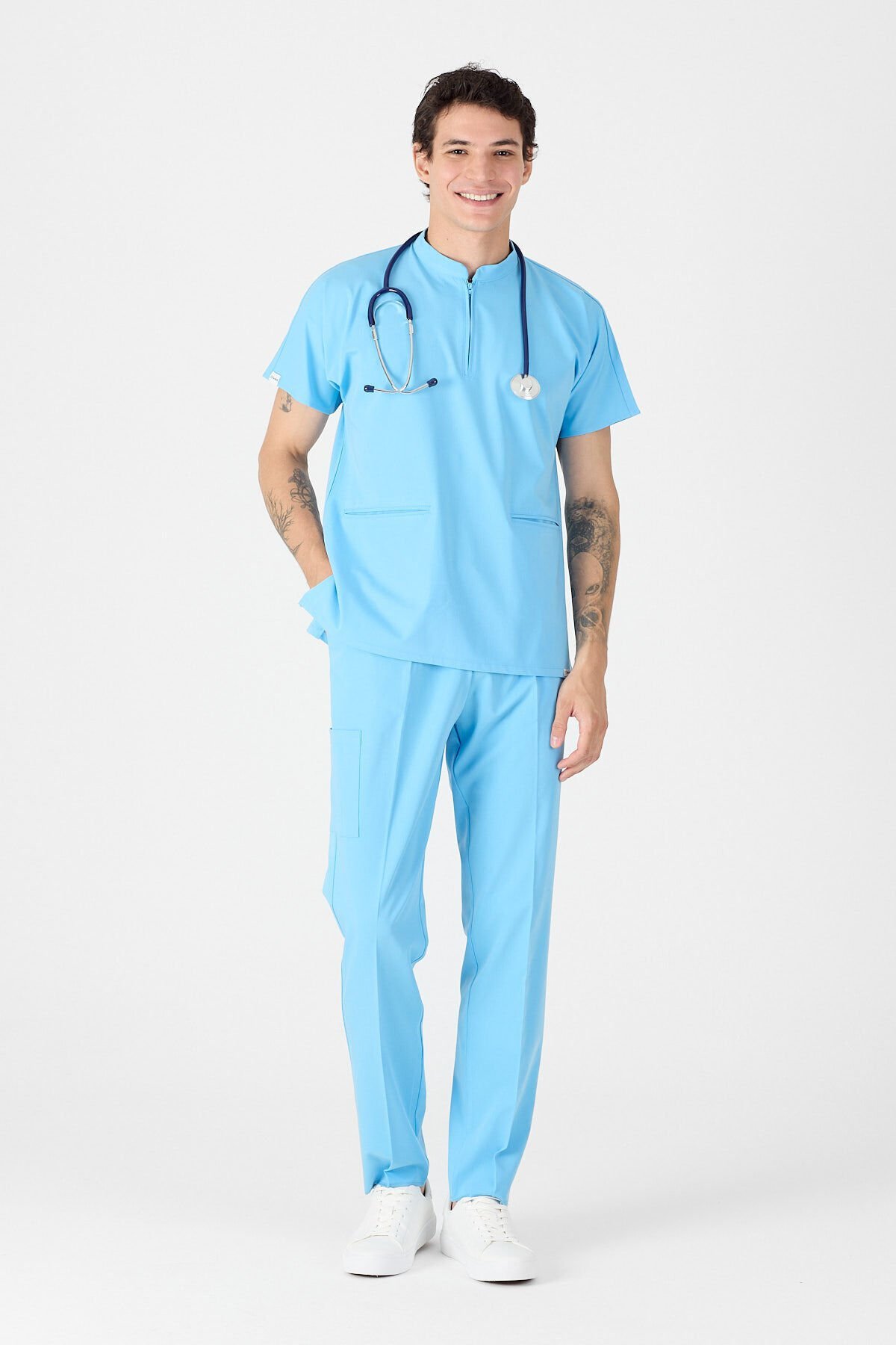 Likralı Gök Mavisi Fermuar Detaylı Scrubs