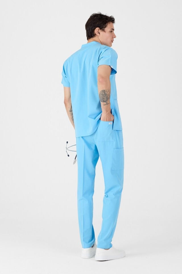 Likralı Gök Mavisi Fermuar Detaylı Scrubs