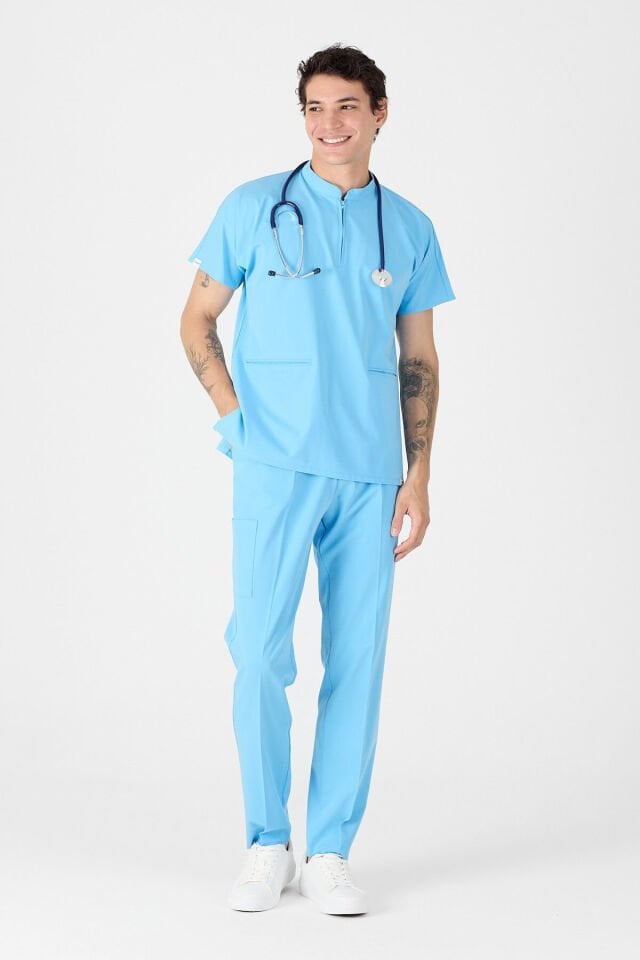 Likralı Gök Mavisi Fermuar Detaylı Scrubs