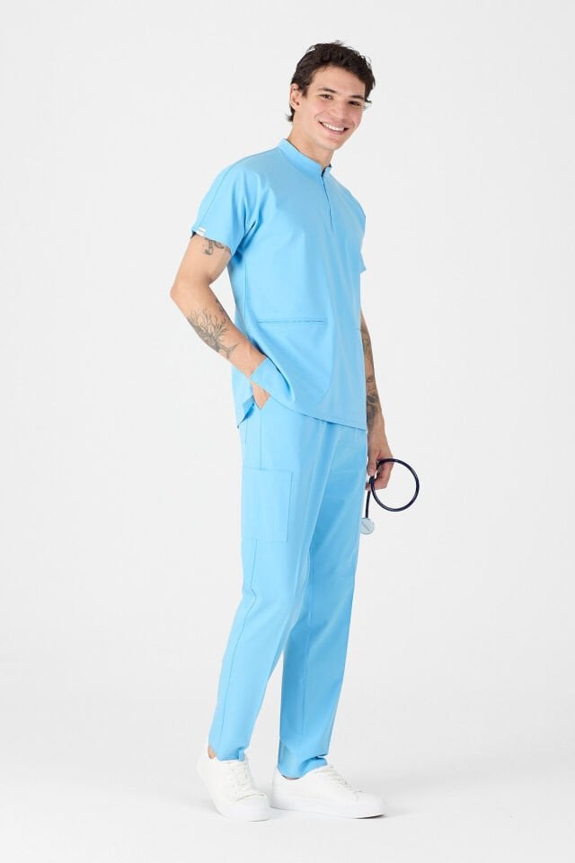 Likralı Gök Mavisi Fermuar Detaylı Scrubs