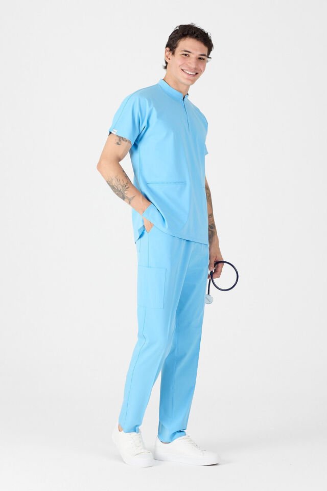 Likralı Gök Mavisi Fermuar Detaylı Scrubs - Owlet Medikal