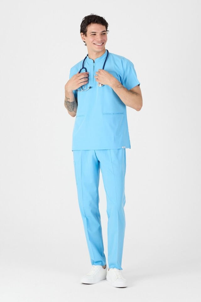 Likralı Gök Mavisi Fermuar Detaylı Scrubs